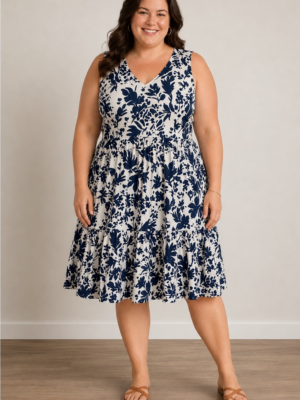 T Tahari Floral Linen Blend Midi Tiered Dress 2X Sleeveless Resort Summer Beachy